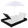 Patio Lounge Bed with Umbrella Poly Rattan Black