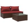 3 Piece Patio Lounge Set with Cushions Poly Rattan Brown