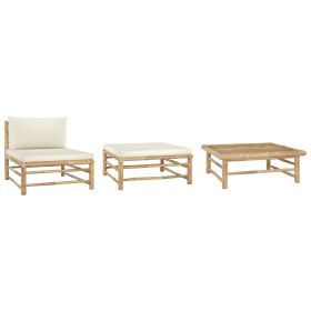 3 Piece Patio Lounge Set with Cream White Cushions Bamboo