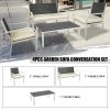 4 Pieces Patio Garden Sofa Conversation Set Wood Grain Design PE Steel Frame Loveseat All Weather Outdoor Furniture Set with Cushions Coffee Table for