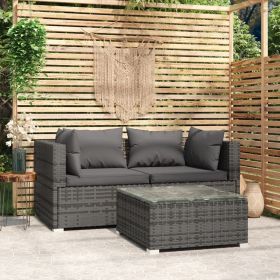 Patio Furniture Set 3 Piece with Cushions Gray Poly Rattan