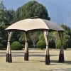 10ft W*12ft L Outdoor Double Vents Gazebo Patio Metal Canopy with Screen and LED Lights for Backyard; Poolside; Brown