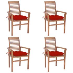 Dining Chairs 4 pcs with Red Cushions Solid Teak Wood