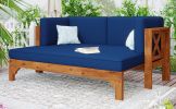 Outdoor Patio Extendable Wooden Sofa Set Sectional Furniture Set with Thick Cushions for Balcony; Backyard; Poolside; Brown Finish+Blue Cushion