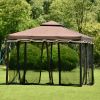 9.8Ft. Wx9.8Ft.L Outdoor Iron Vented Dome Top Patio Gazebo with Netting for Backyard; Poolside and Deck; Brown