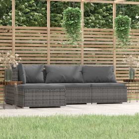 4 Piece Patio Lounge Set with Cushions Gray Poly Rattan (Color: Grey)